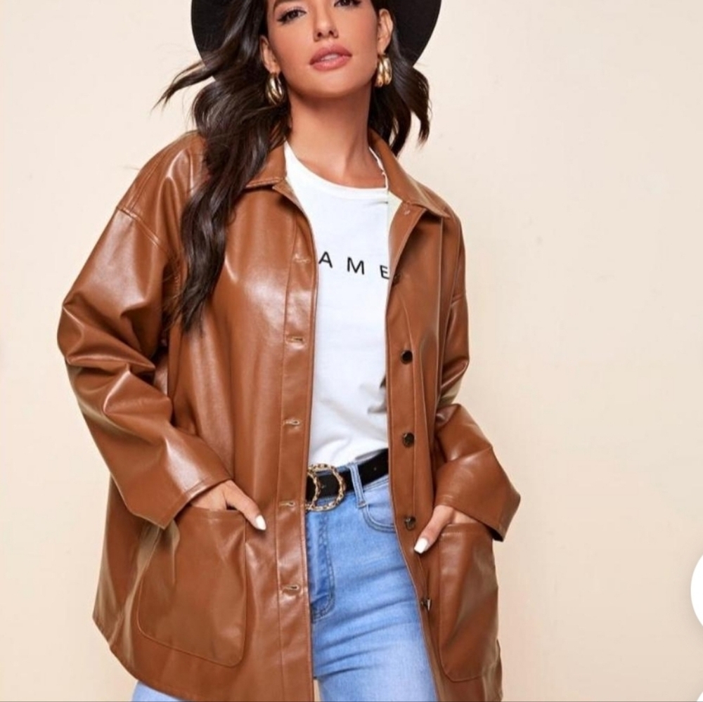 SHEIN Faux Leather Jacket - Cognac Brown Oversized Shacket - XS